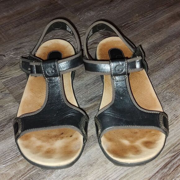 Timberland black leather velcro closure sandals  Sz 8 - Picture 2 of 8
